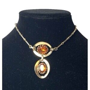 Vintage Egyptian Revival Statement Necklace Amber Rhinestone Gold Tone 1960s